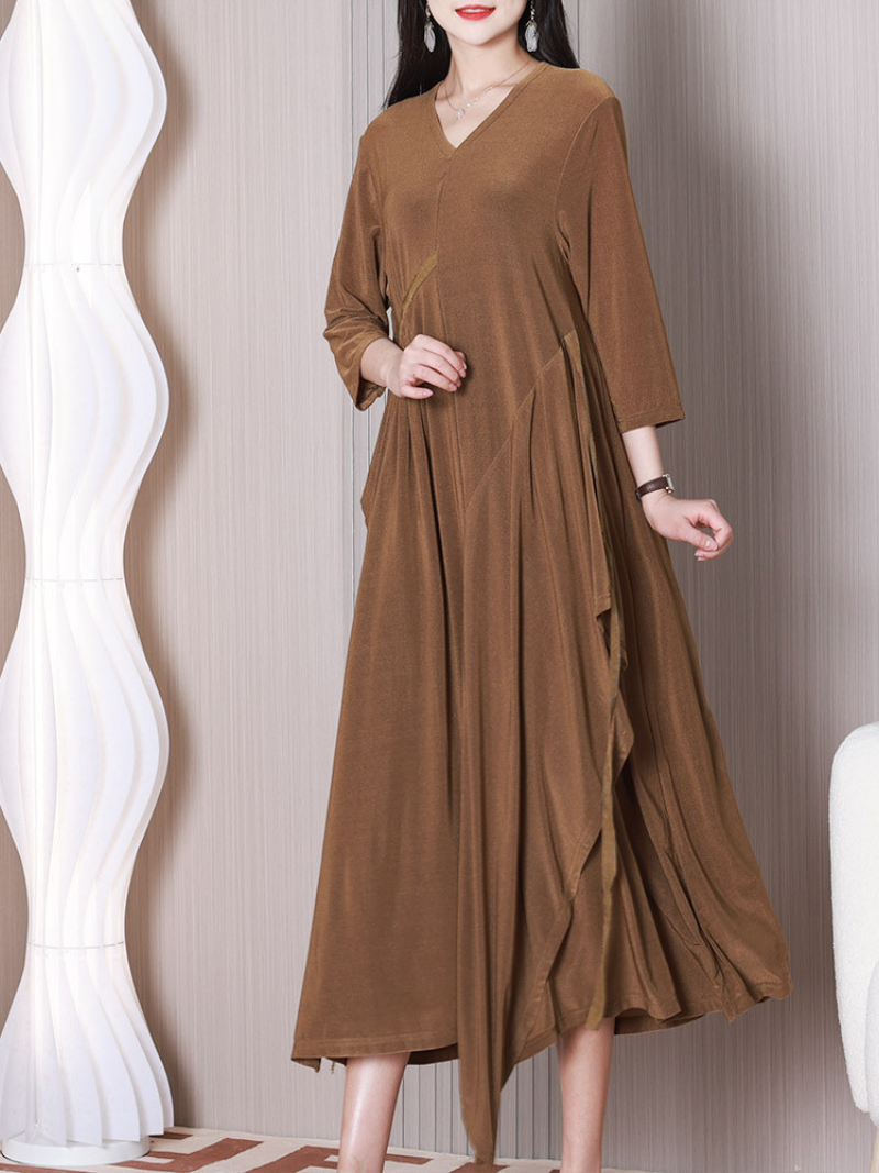 V-Neck Half Sleeve Draped Ruffle Asymmetric Loose A-Line Midi Dress