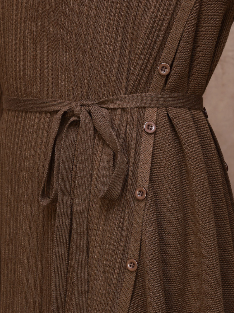 Mock Neck Long Sleeve Ribbed Knit Belted Sweater Midi Dress