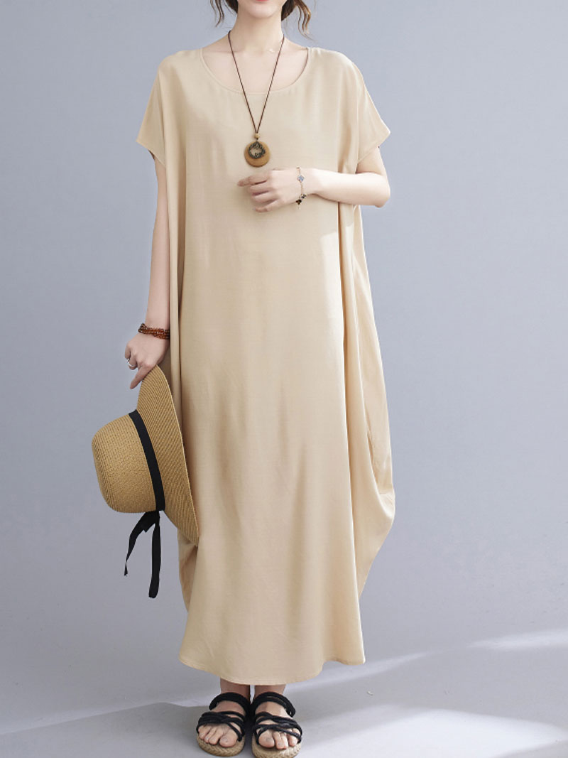 Round Neck Short Sleeve Loose Cocoon Maxi Dress 27