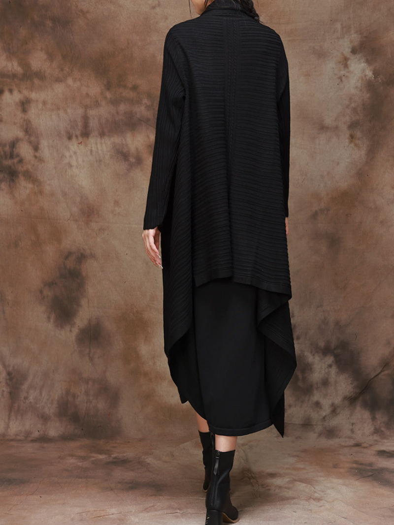 Open Front Long Sleeve Ribbed Knit Draped Long Cardigan