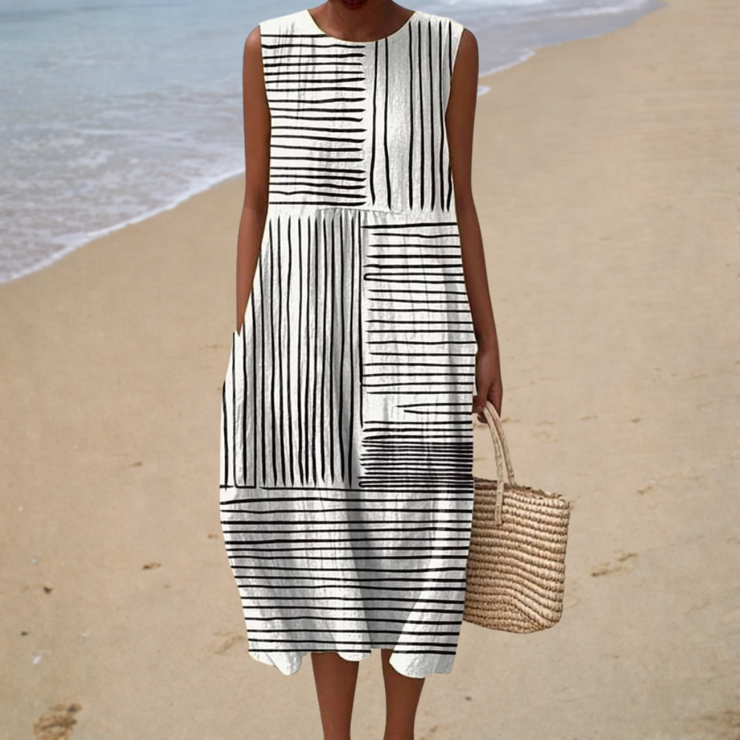 Round Neck Sleeveless Abstract Line Print Pocket Cocoon Midi Dress