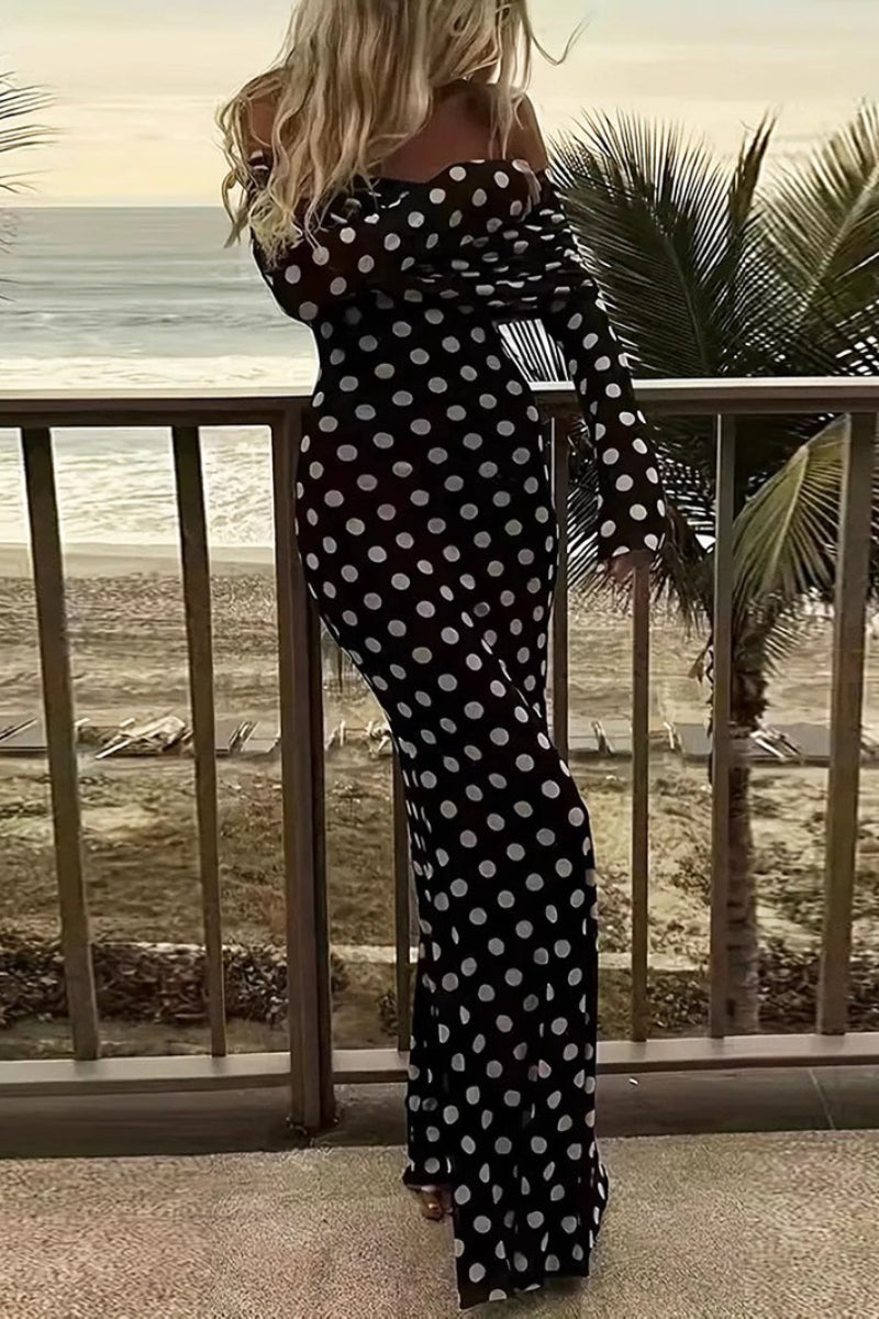 Off Shoulder Mesh Polka Dot Maxi Dress