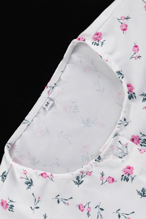 White Long Sleeve Ruffle Trim Detachable Belt Mini Floral Print Dress 6
