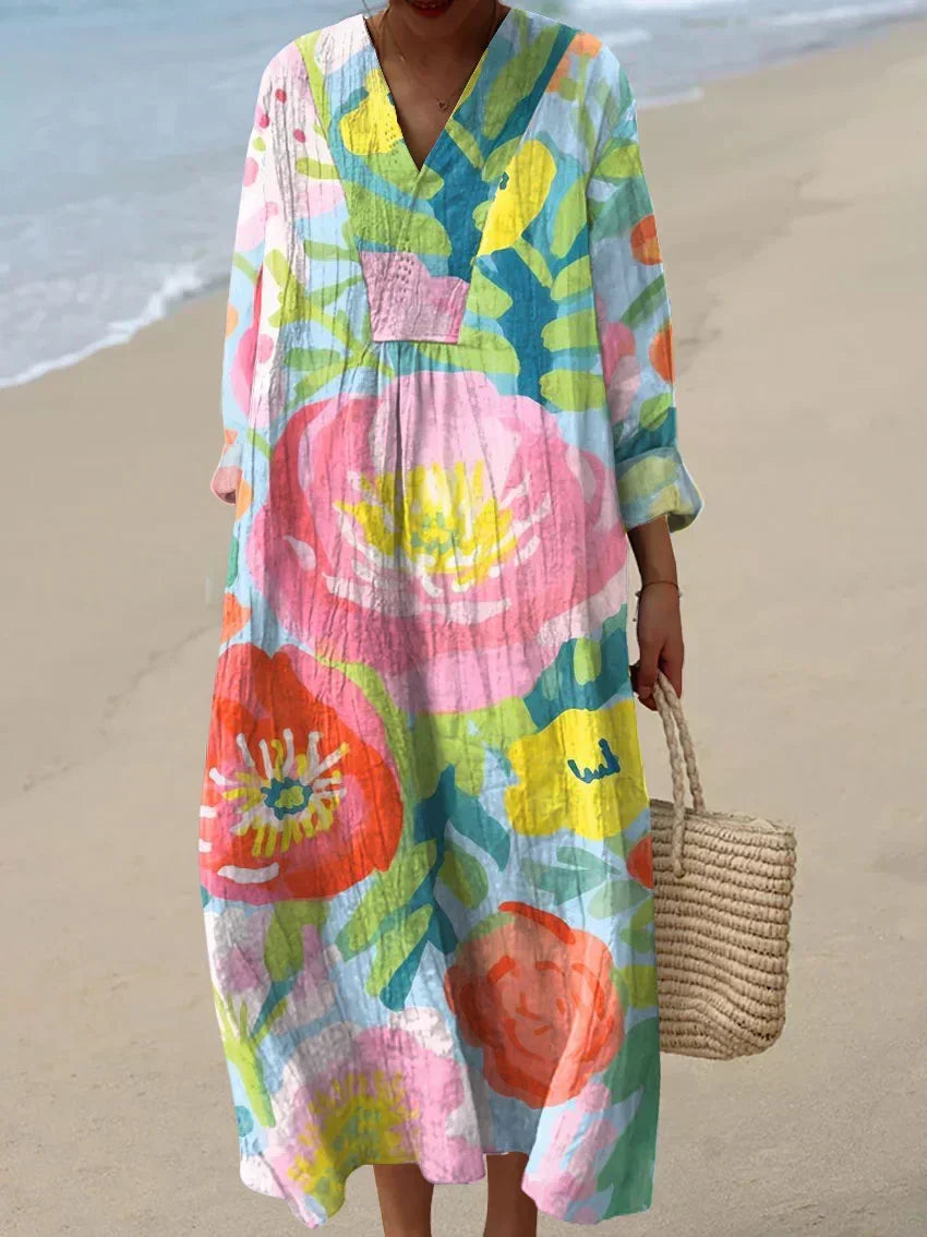 V-Neck Watercolor Floral Print Long Sleeve Pleated Kaftan Maxi Dress