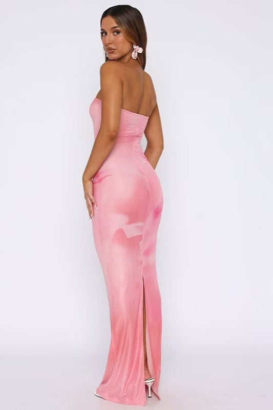 Strapless Large Lily Floral Print Mesh Bodycon Maxi Dress 6
