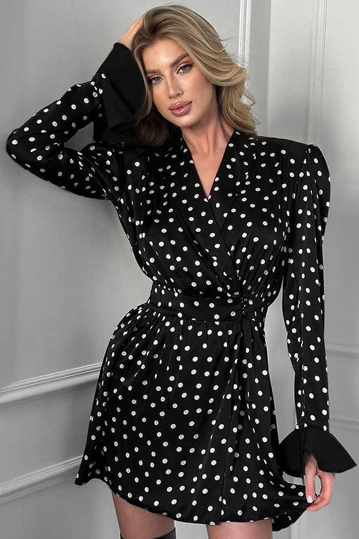 V-Neck Puff Sleeve Polka Dot Mini Dress