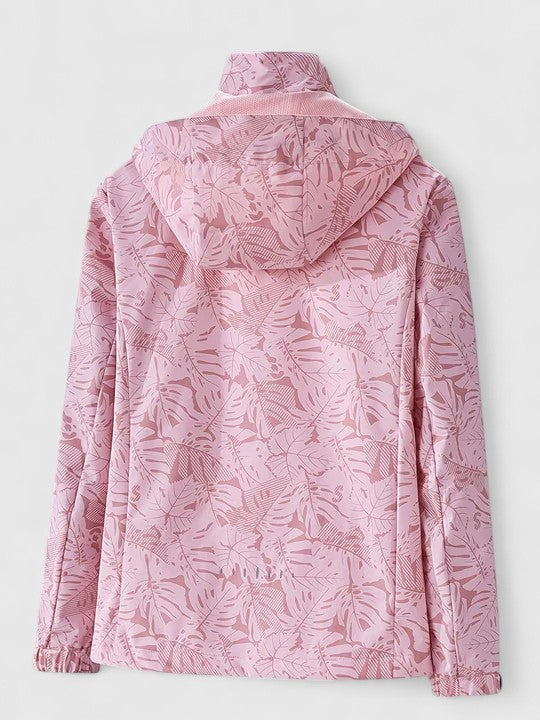Hooded Tropical Leaf Print Zip Front Long Sleeve Windbreaker Jacket