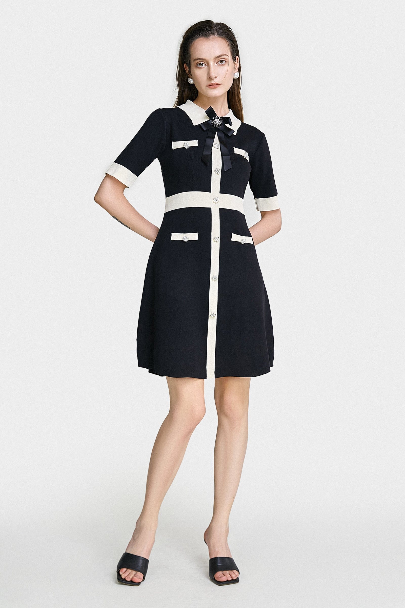 Black Contrast Trim Bow Brooch Knit Dress