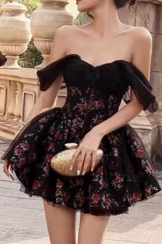 Black Off Shoulder Sweetheart Corset Floral Tulle Overlay Mini Dress 2