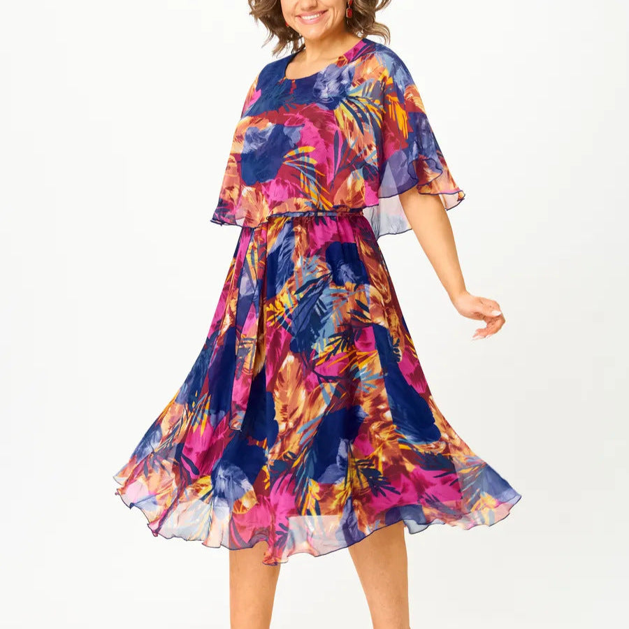 Round Neck Tropical Print Chiffon Cape Overlay A-Line Midi Dress