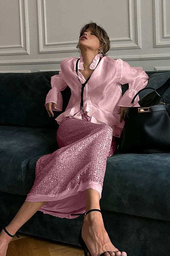 Sheer Bell-Sleeve Stylish Sexy Blouse