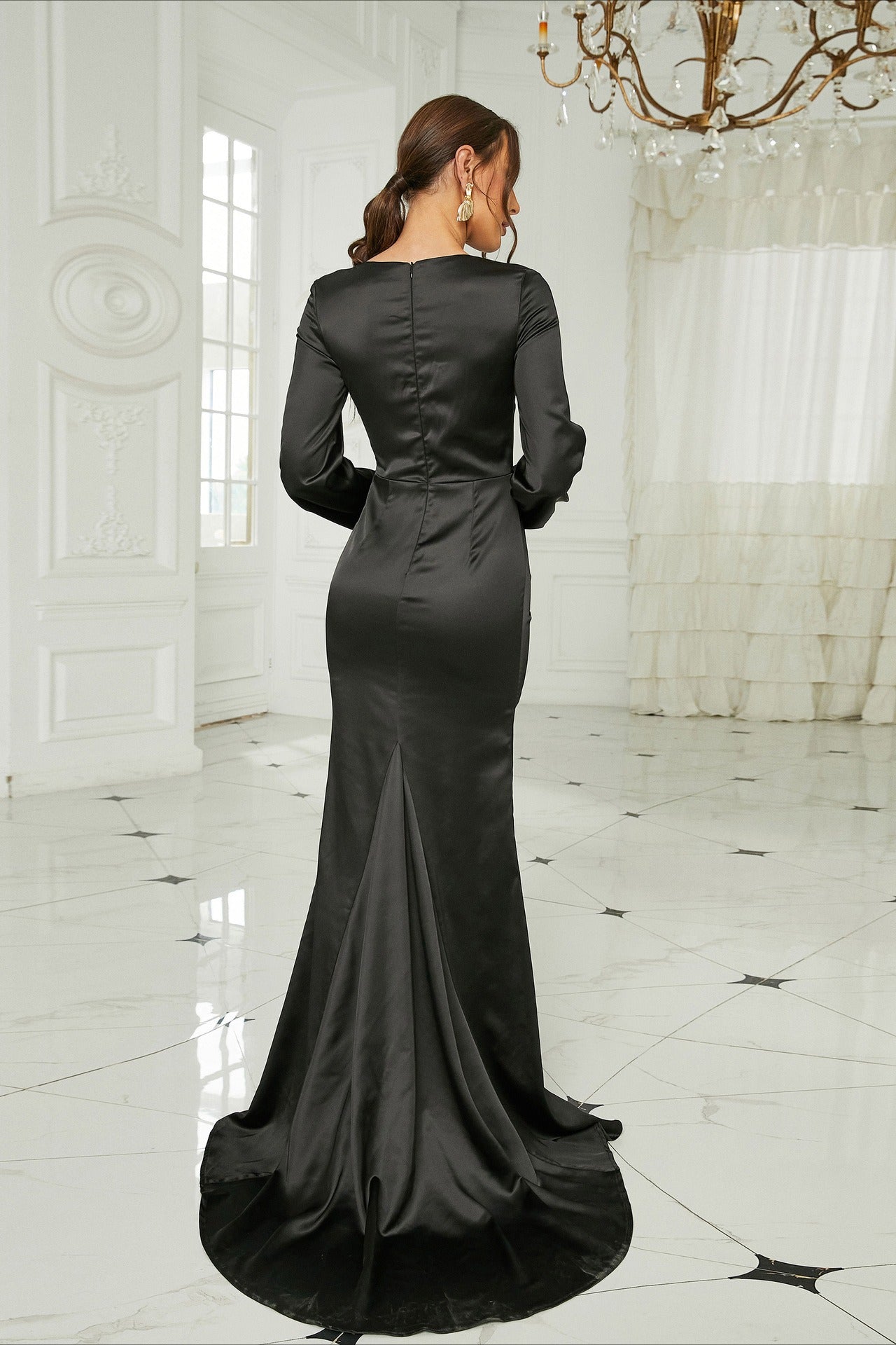 Elegant Long Sleeve Satin Crew Neck Split Formal Dress