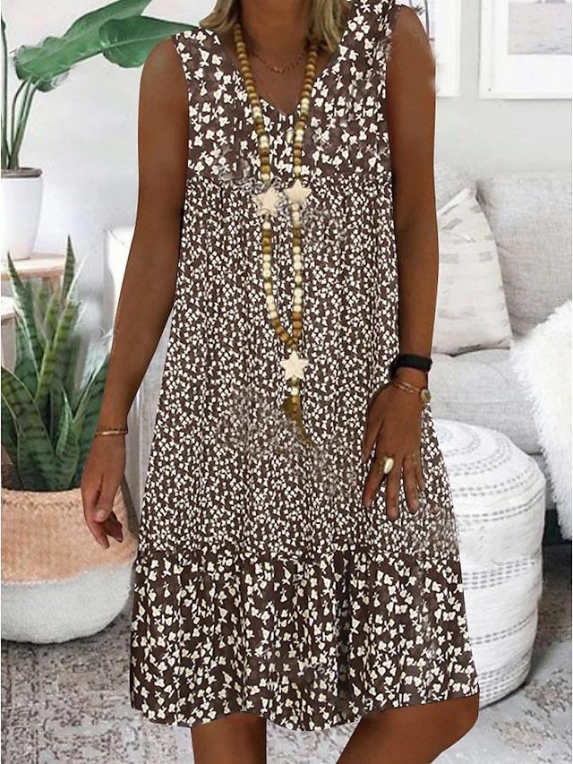 V-Neck Ditsy Floral Sleeveless Tiered Shift Midi Dress