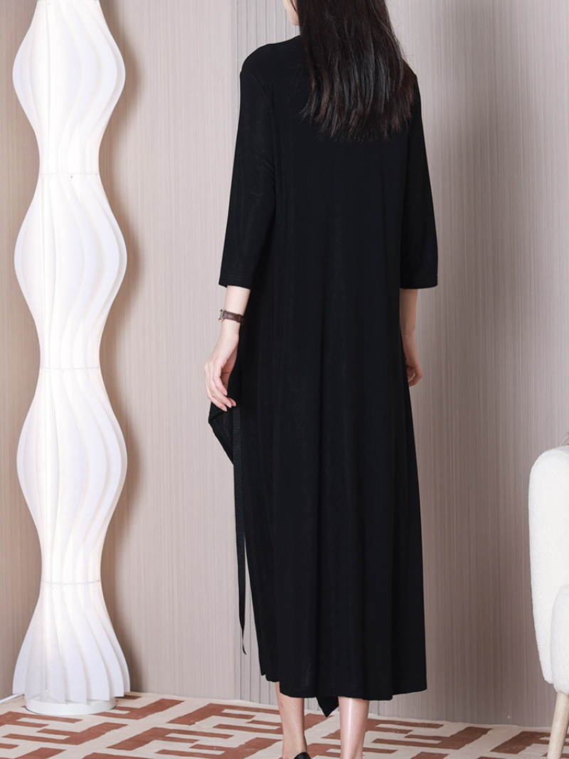 V-Neck Half Sleeve Draped Ruffle Asymmetric Loose A-Line Midi Dress