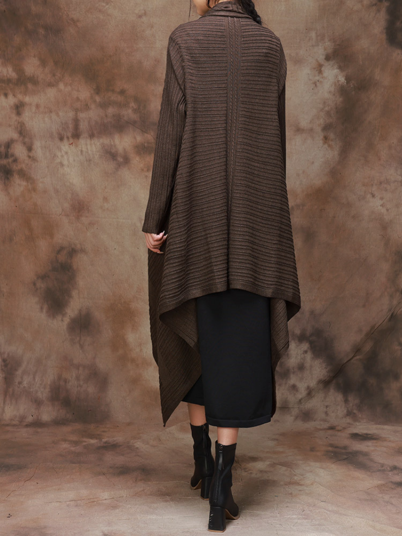 Open Front Long Sleeve Ribbed Knit Draped Long Cardigan