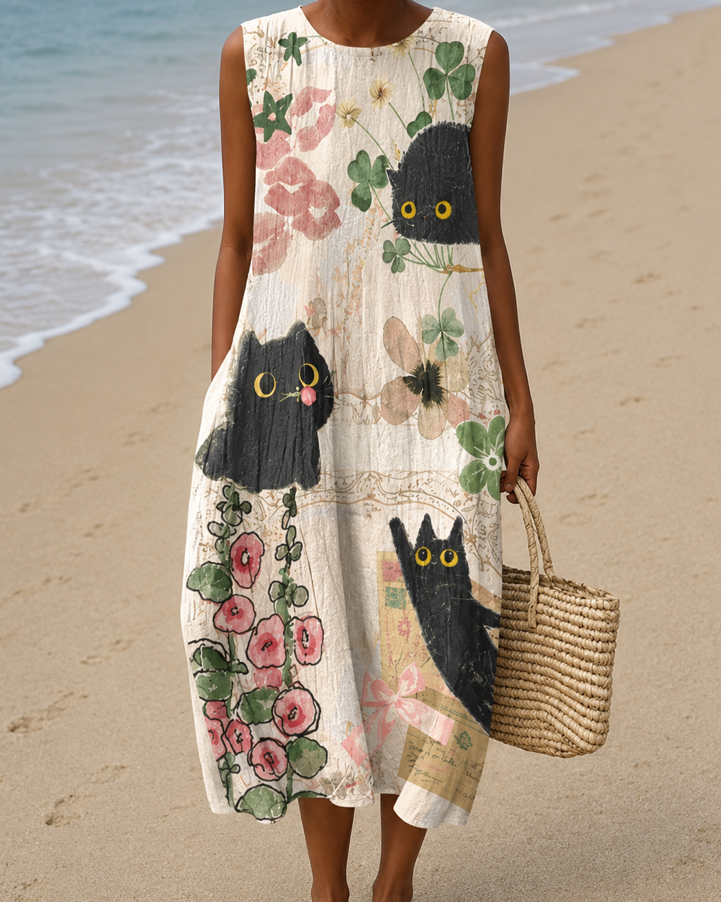 Round Neck Sleeveless Cat Floral Print Shift Midi Dress