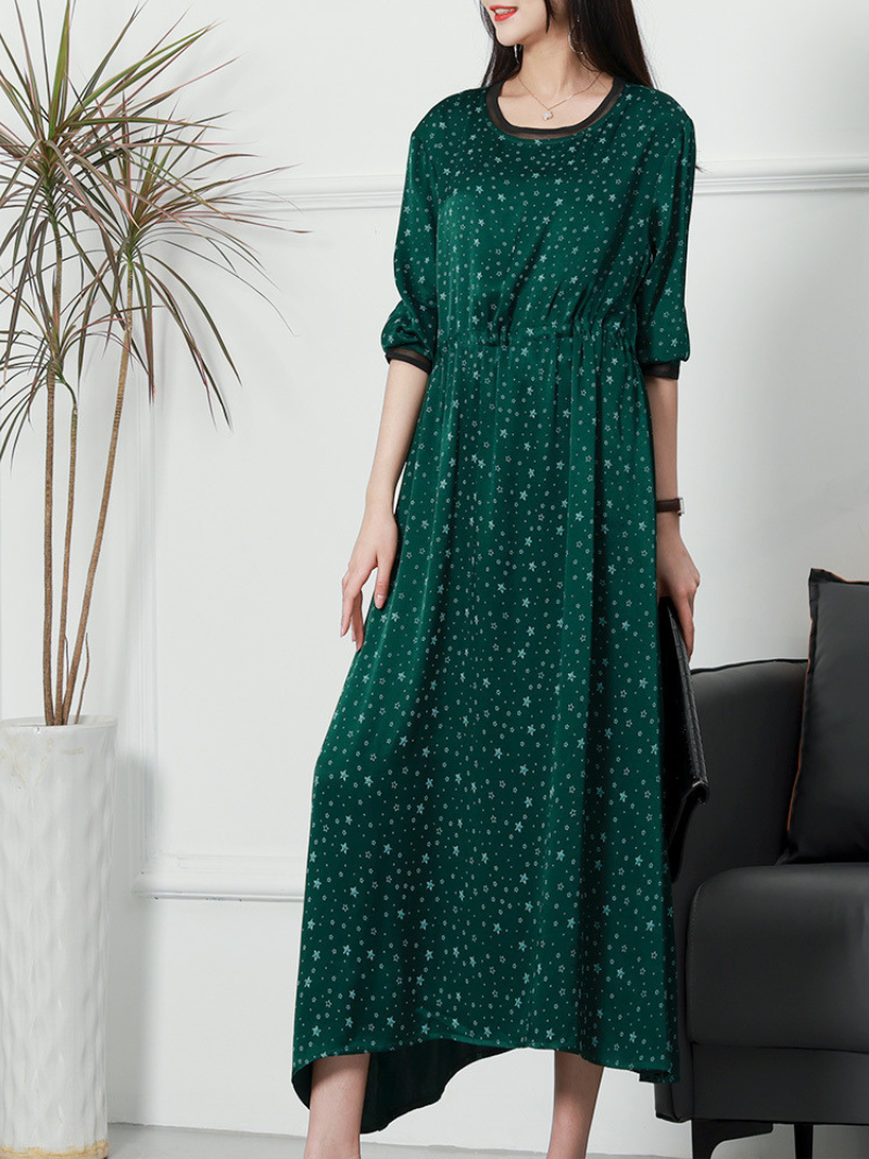 Round Neck Star Print Satin Drawstring Waist A-Line Maxi Dress 5