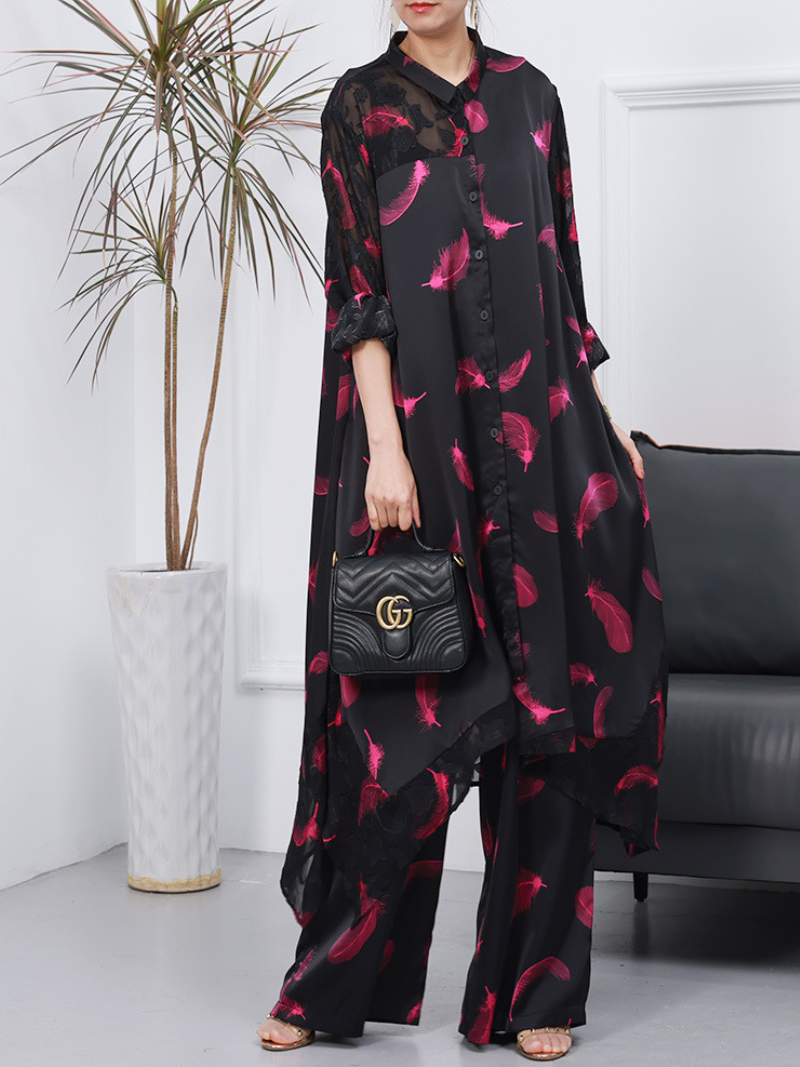 Collared Feather Print Longline Tunic Wide-Leg Pants Set
