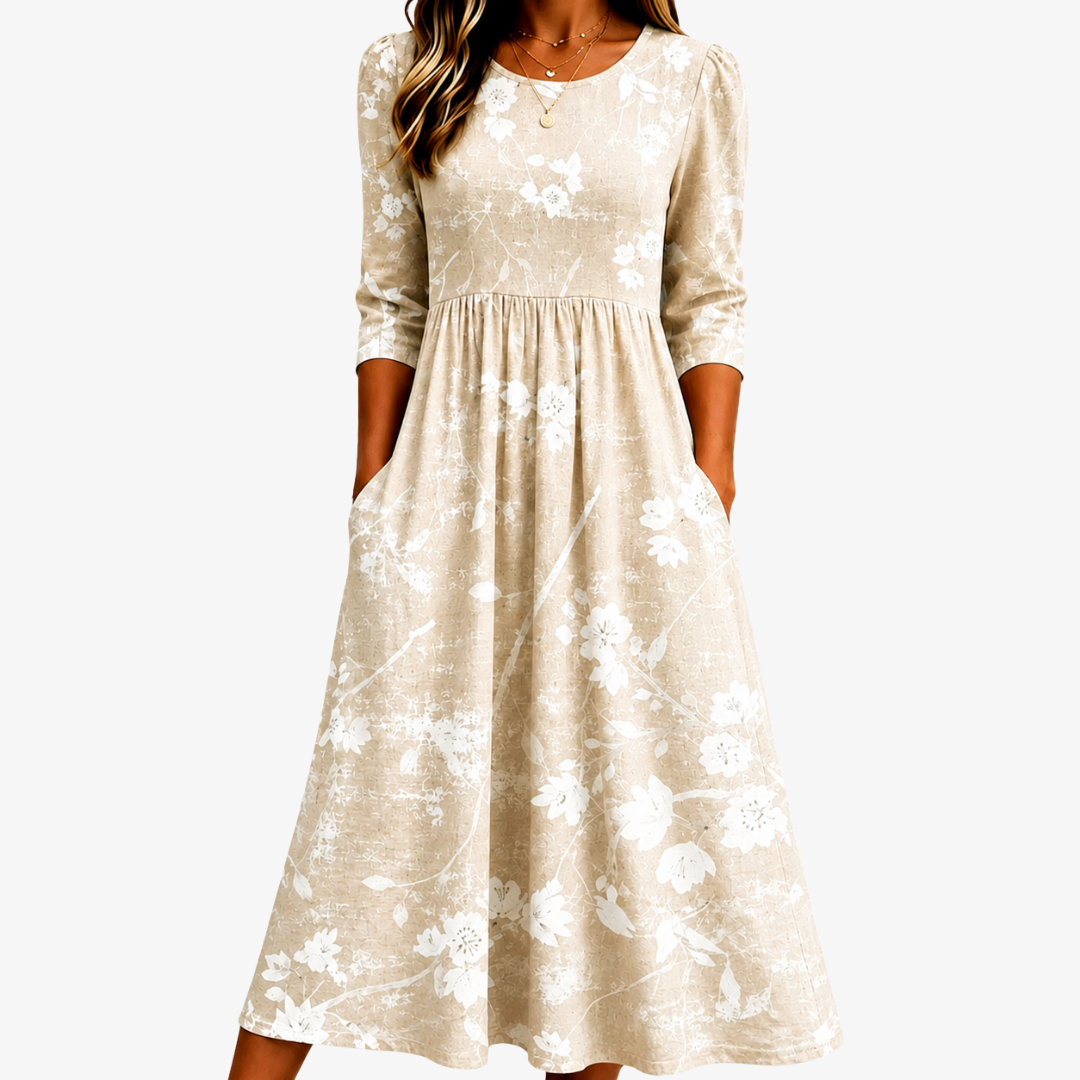 Scoop Neck Floral Silhouette Long Sleeve Pocket A-Line Midi Dress