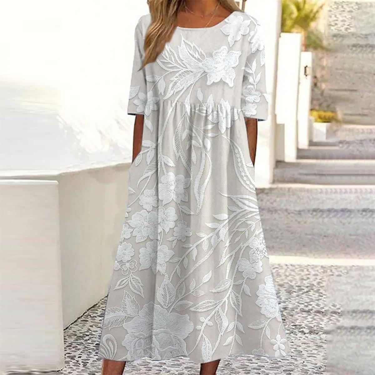 White Round Neck Floral Print Short Sleeve Pocket A-Line Maxi Dress