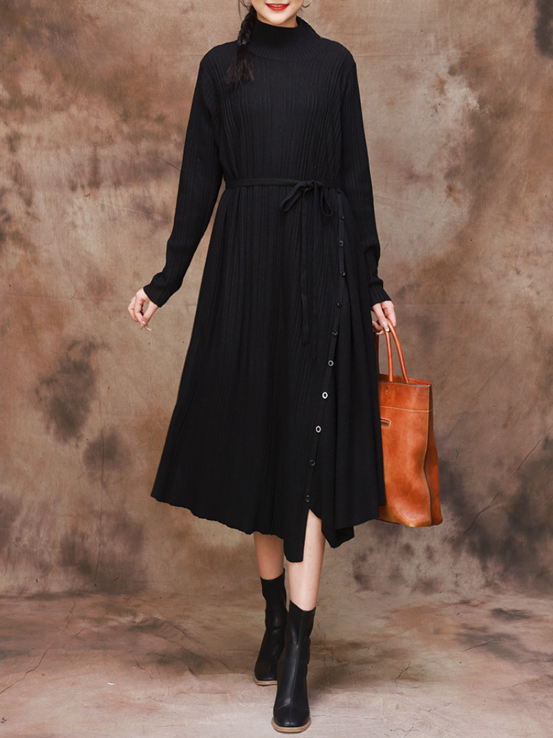 Mock Neck Long Sleeve Ribbed Knit Belted Sweater Midi Dress