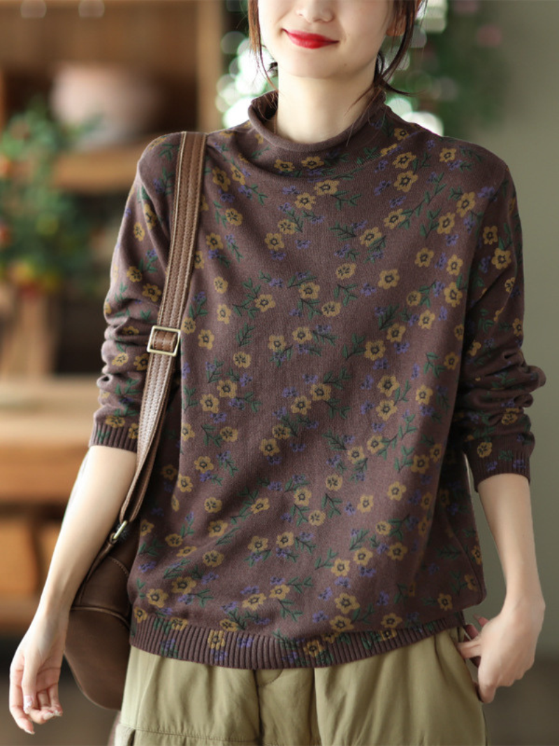 Round Neck Ditsy Floral Print Long Sleeve Knit Sweater