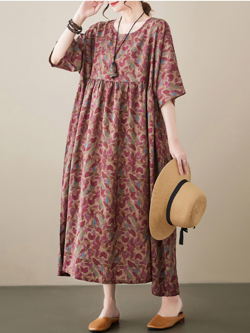 Red Round Neck Short Sleeve Abstract Leaf Print Smock Maxi Dress 3