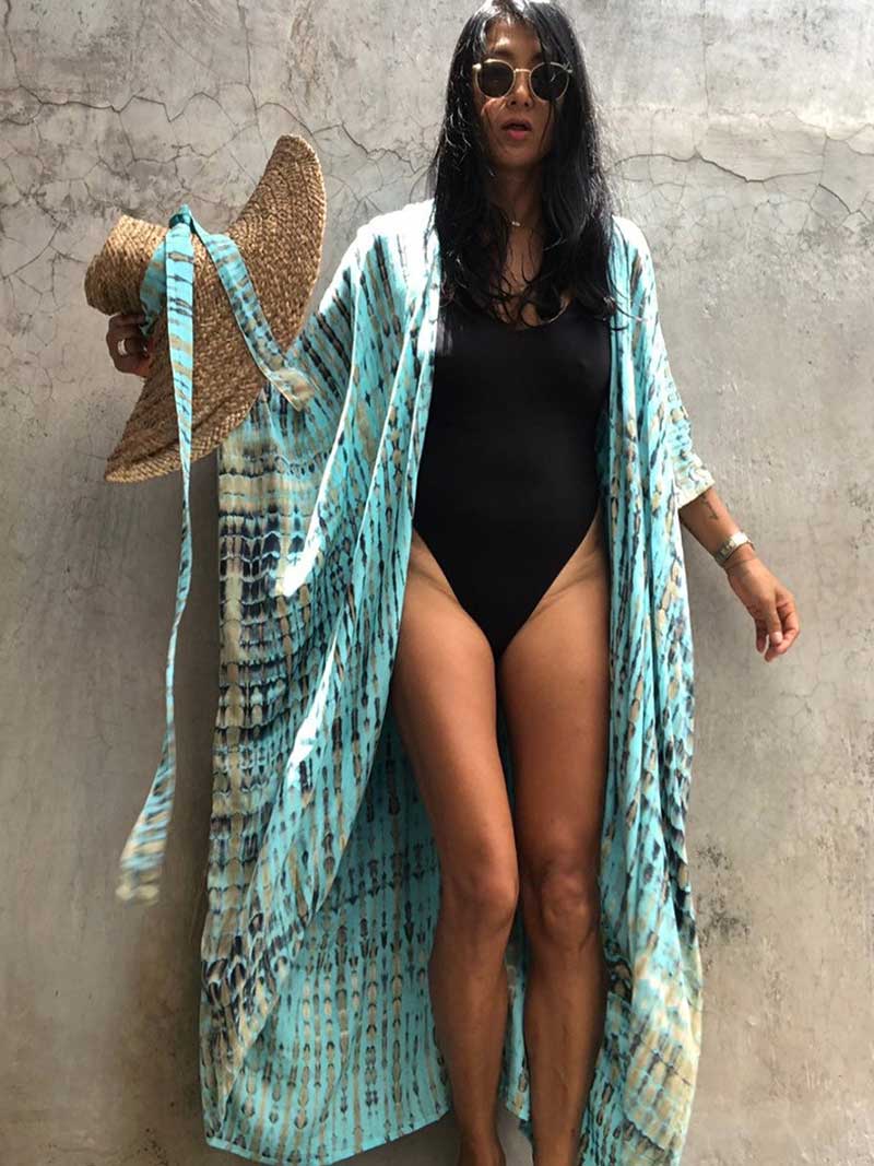 Tie-Dye Stripe Print Open Front Long Kimono Duster Robe 15