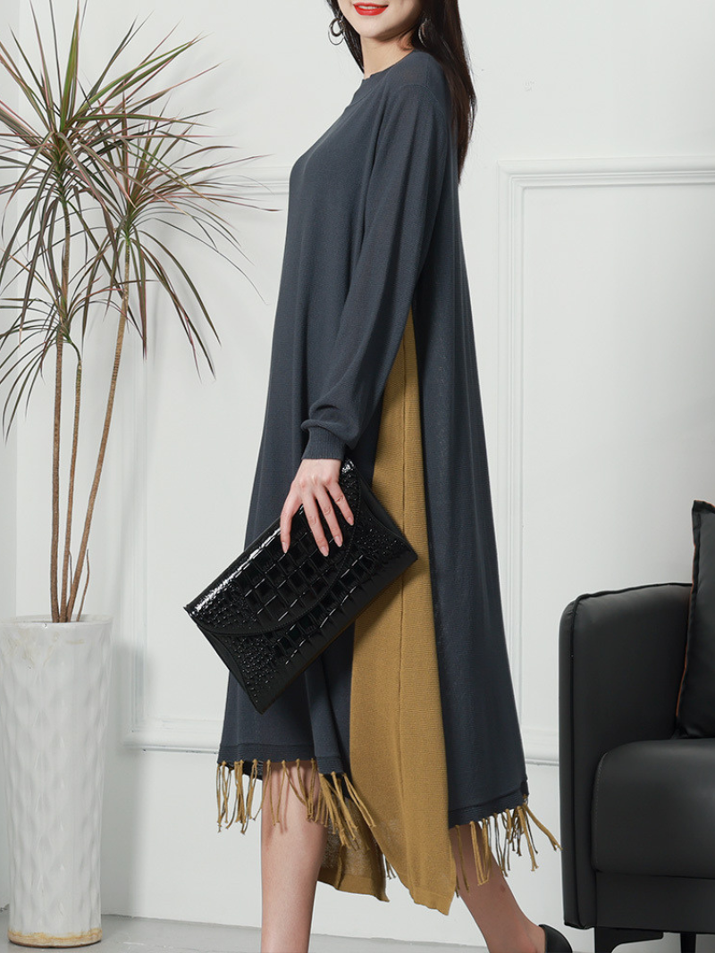 Round Neck Knit Fringe Hem Long Sleeve Loose Sweater Midi Dress 4
