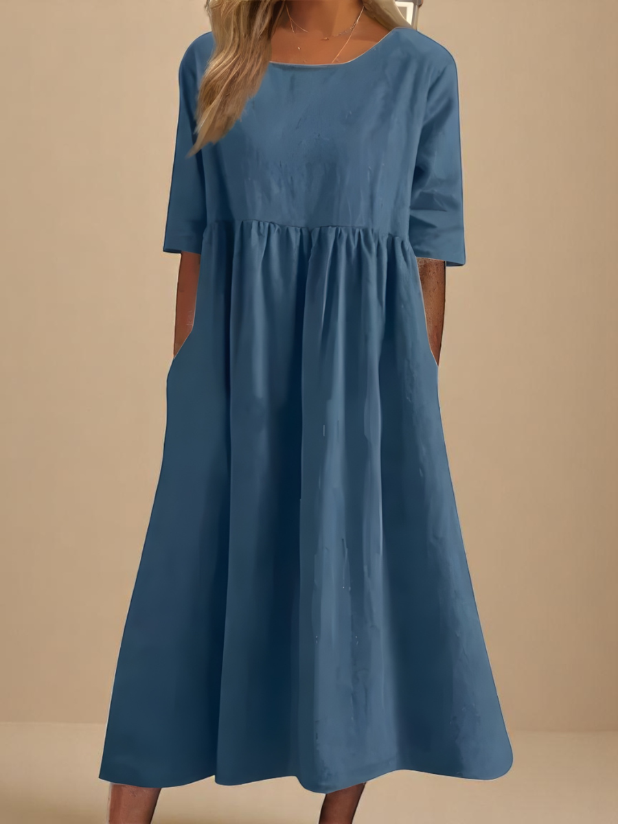 Round Neck Half Sleeve Linen Pocket Pleated Babydoll Midi Dress 2