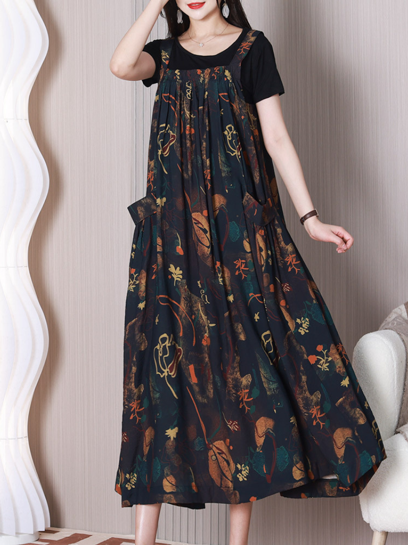 Coffee Wide Strap Floral Print Pocket Loose Pinafore Maxi Dress