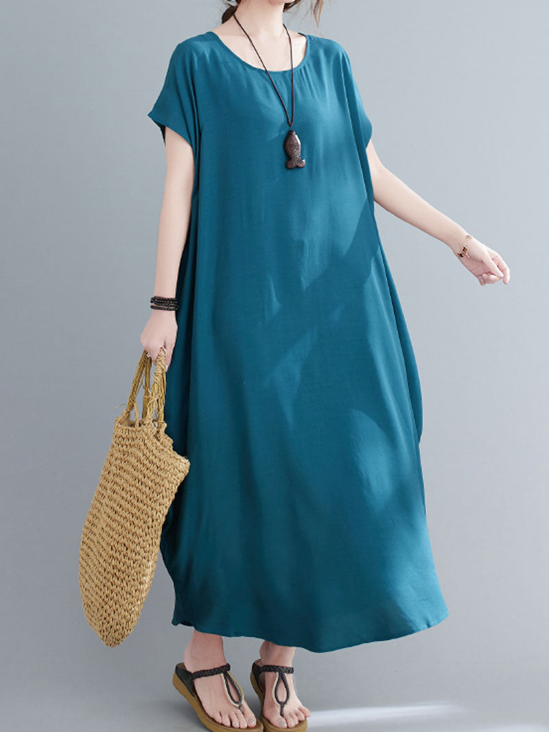 Round Neck Short Sleeve Loose Cocoon Maxi Dress 3