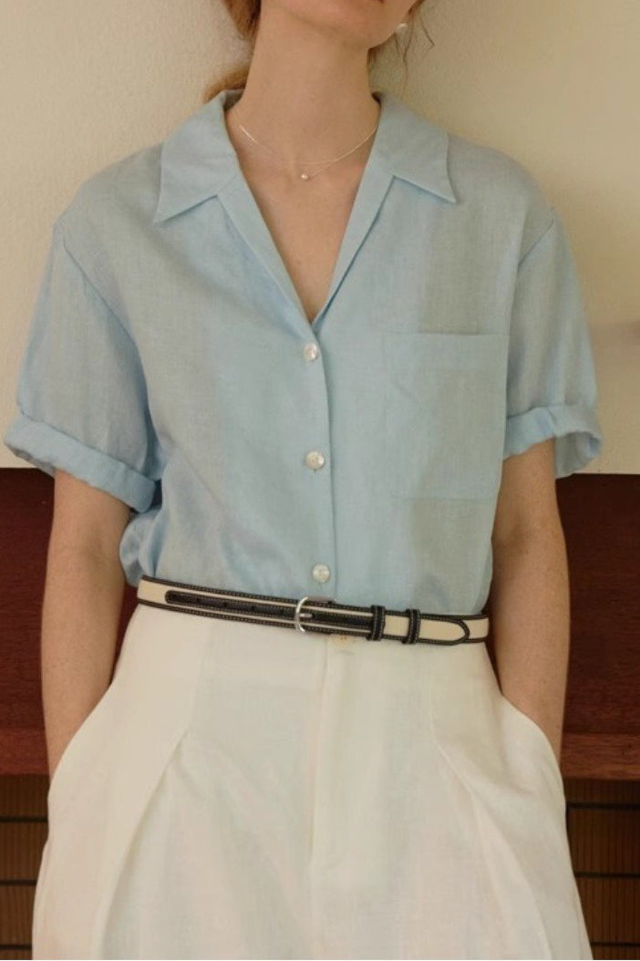 Linen French Deep V Short Blouse