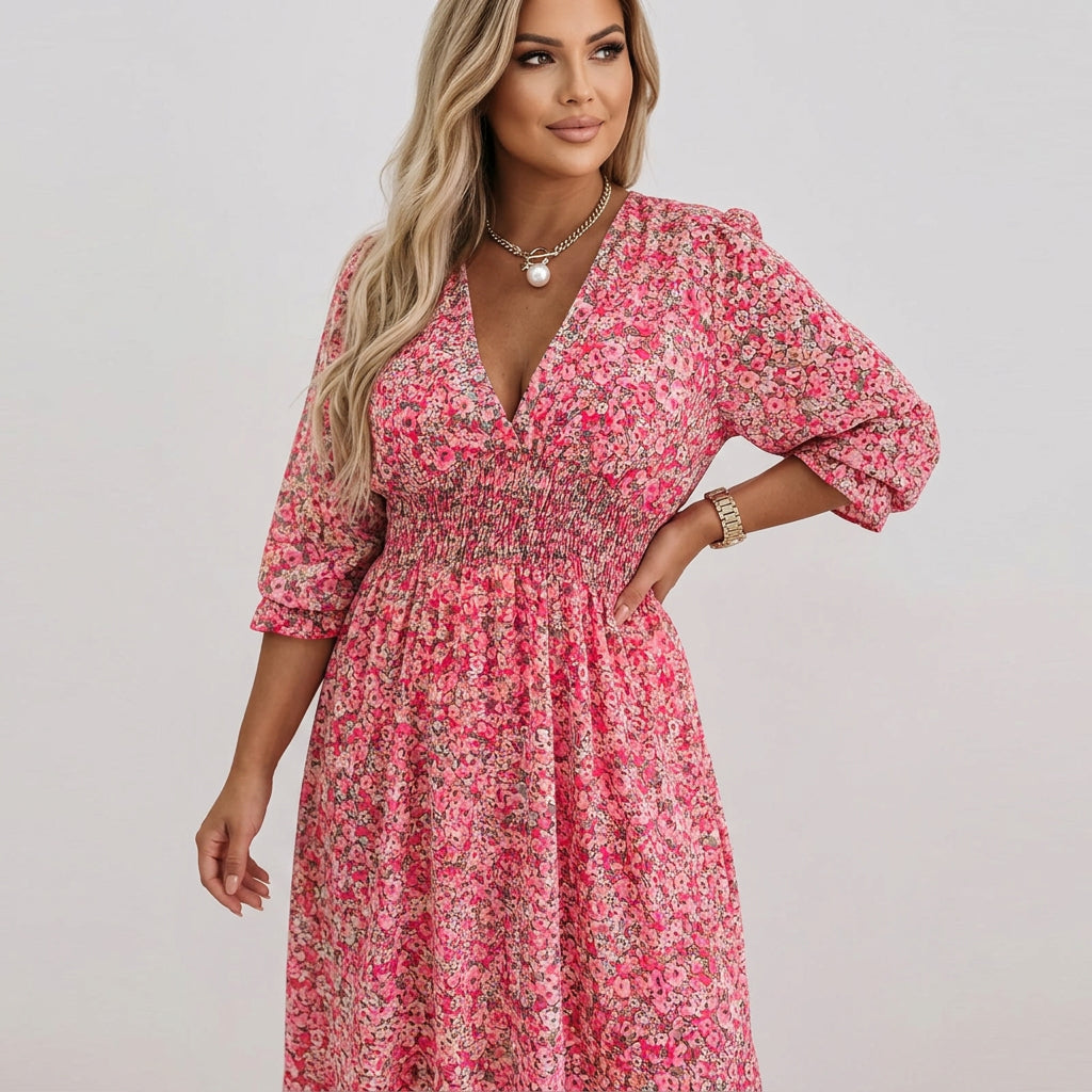 V-Neck Puff Sleeve Ditsy Floral Smocked Waist A-Line Midi Dress