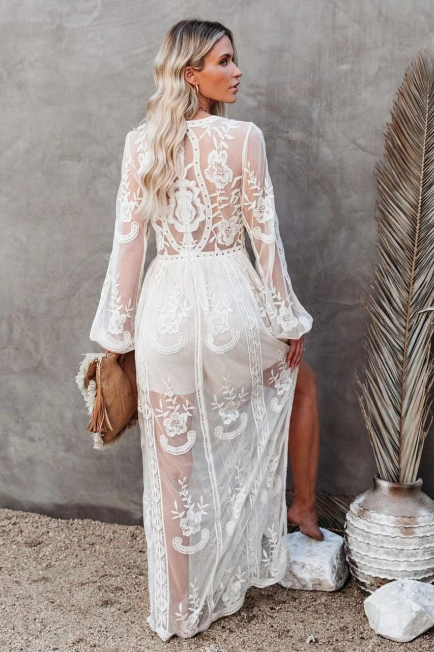Deep V Neck Long Sleeve Floral Embroidered Mesh High Slit Maxi Dress 5