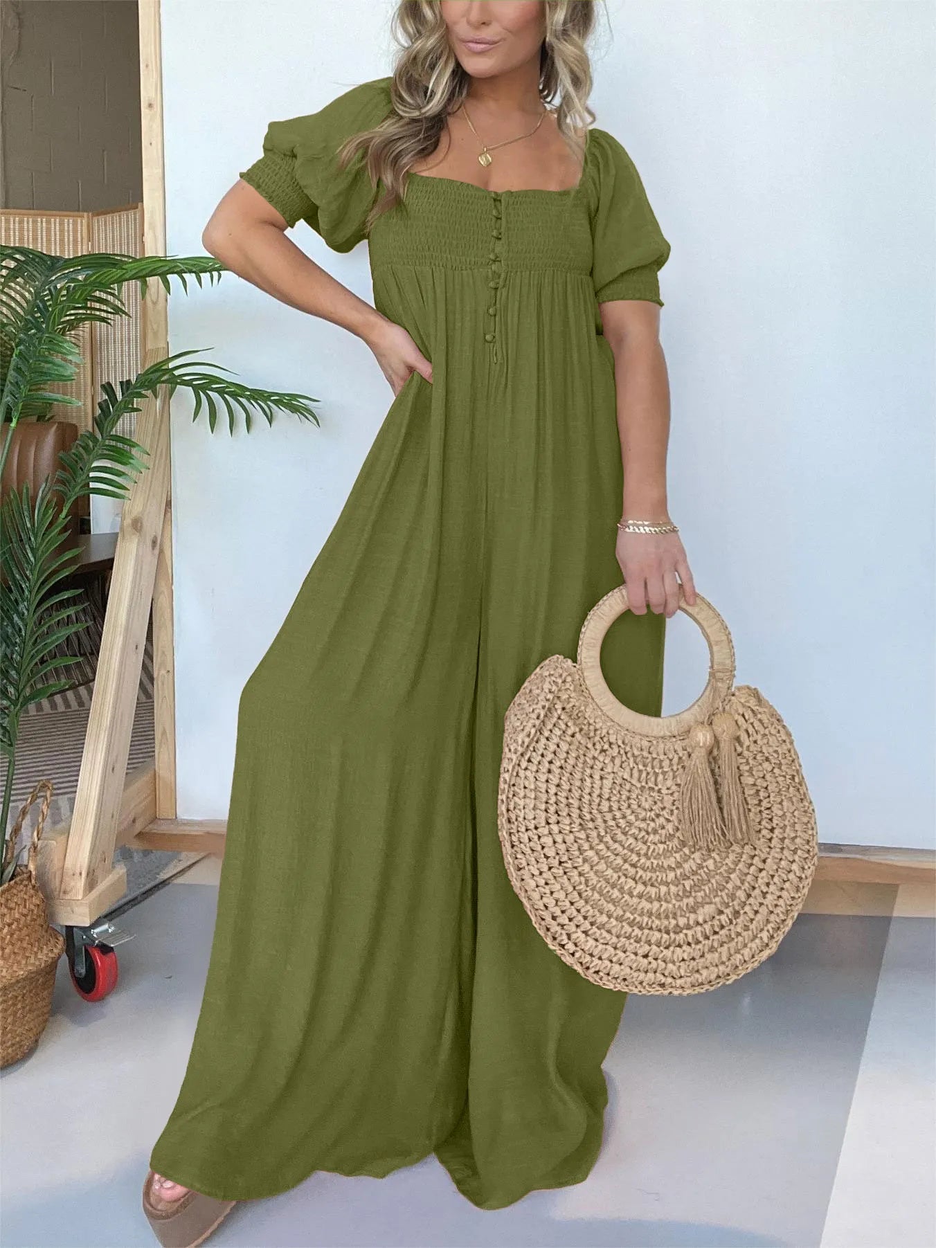 Square Neckline Jumpsuit With Smocked Bodice Button