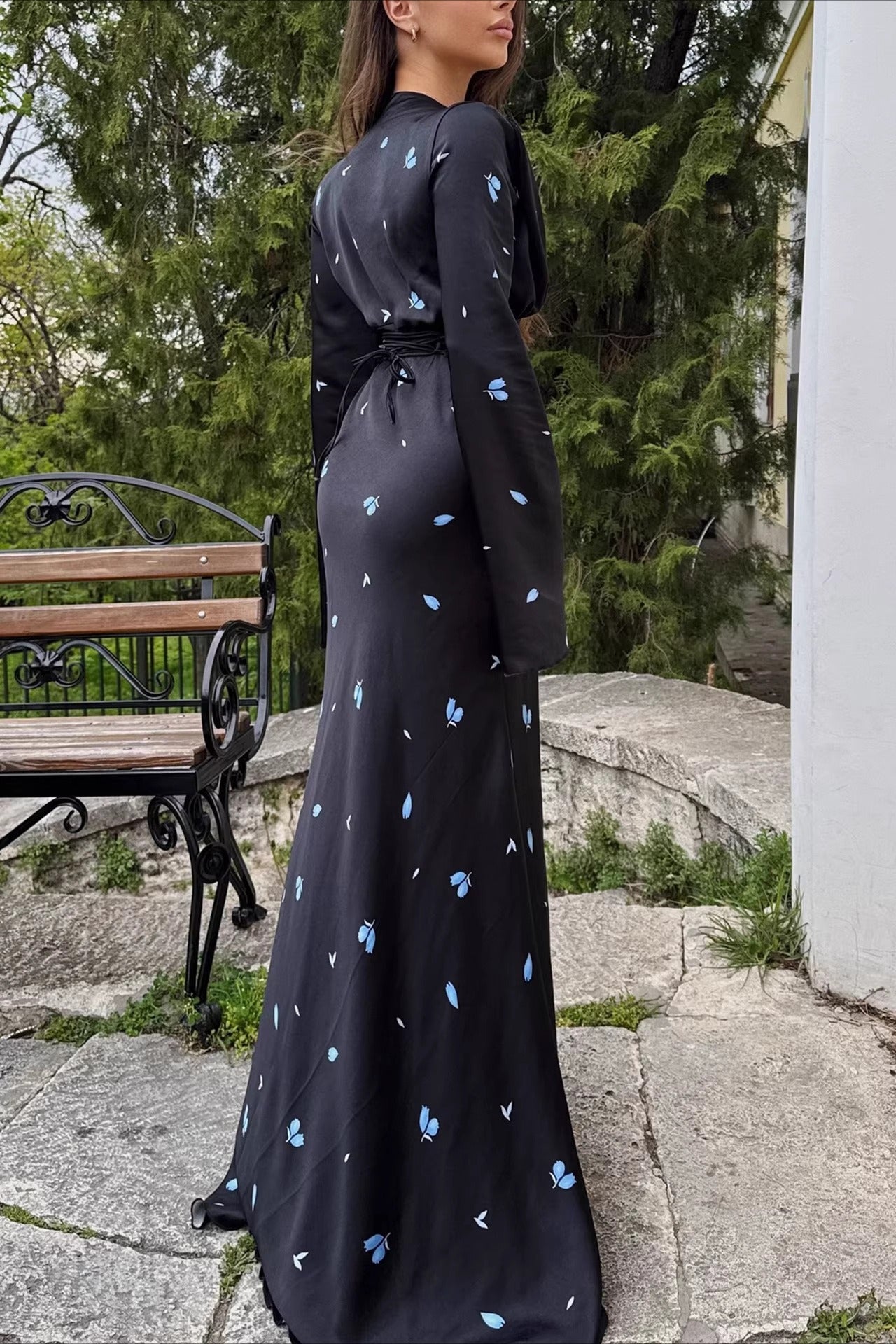 Deep V Neck Flared Sleeve Tiered Maxi Floral Print Dress 3