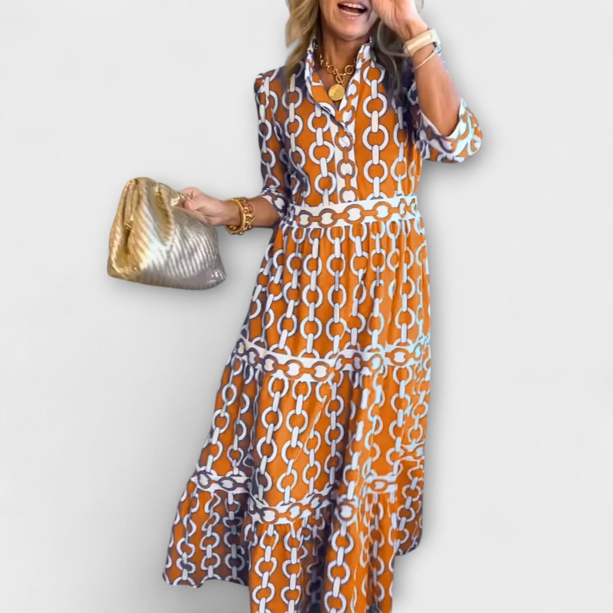 Collared Button Front Chain Print Three-Quarter Sleeve Tiered Maxi Dress