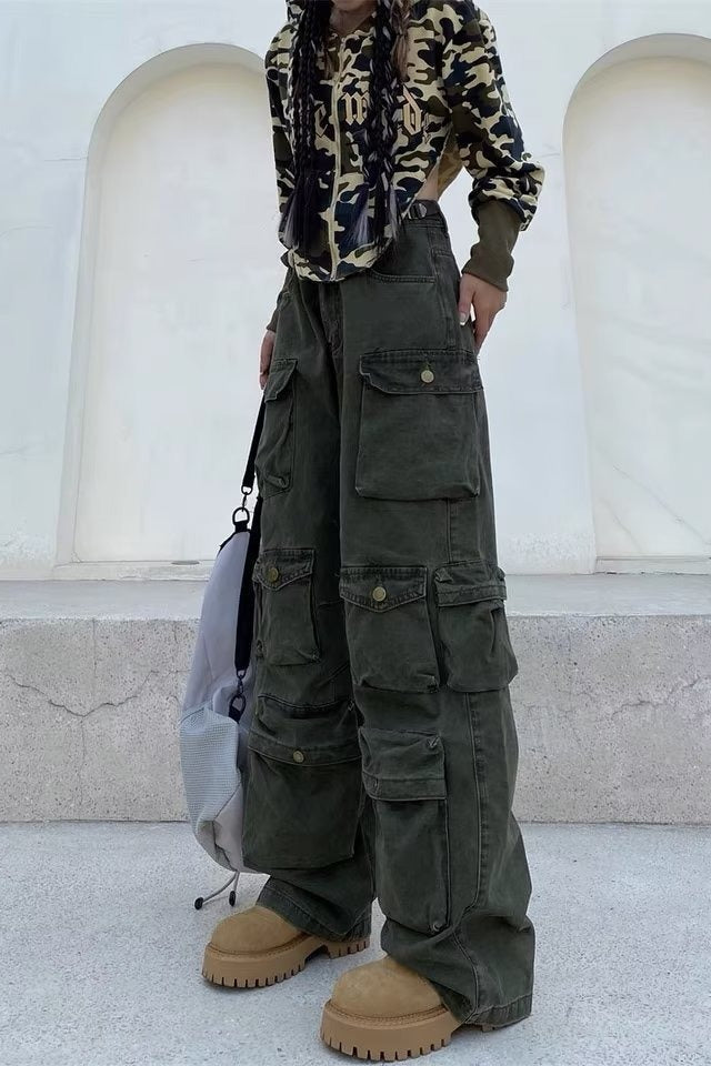 Street Style MultiPocket Wide Leg Cargo Straight Slim Pants