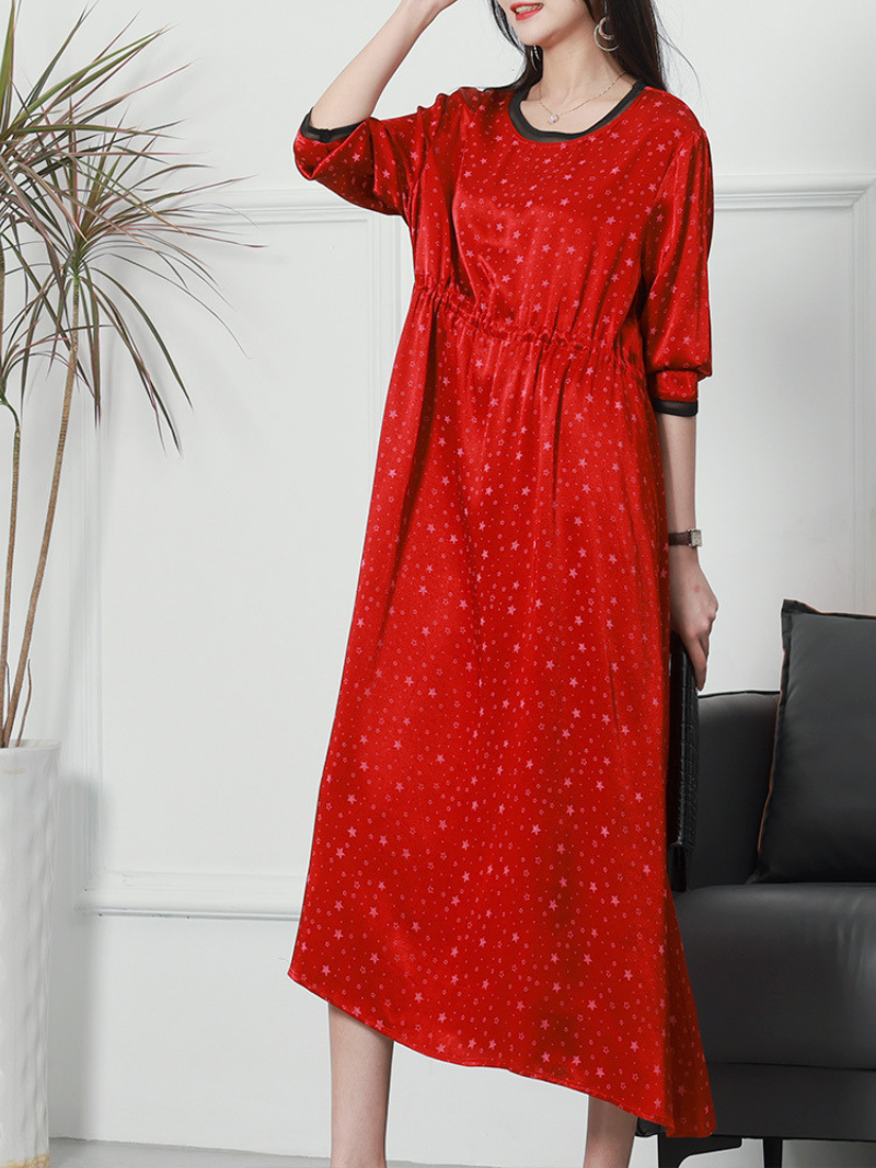 Round Neck Star Print Satin Drawstring Waist A-Line Maxi Dress 6