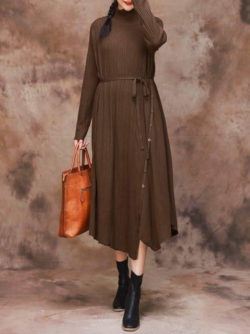 Mock Neck Long Sleeve Ribbed Knit Belted Sweater Midi Dress