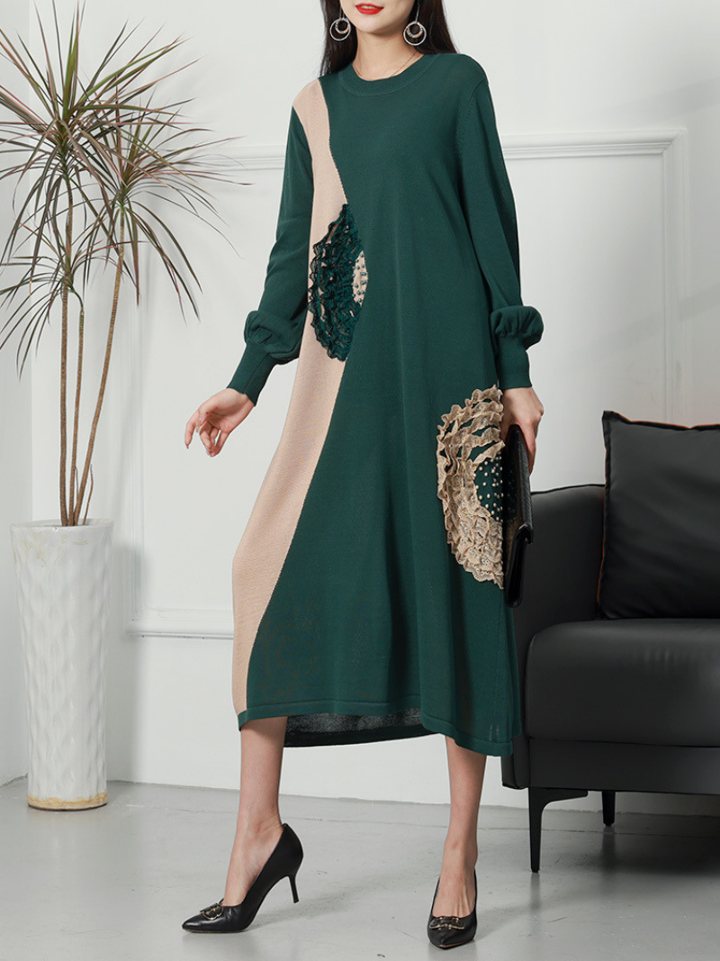 Round Neck Colorblock Lace Applique Long Sleeve Loose Midi Dress 3