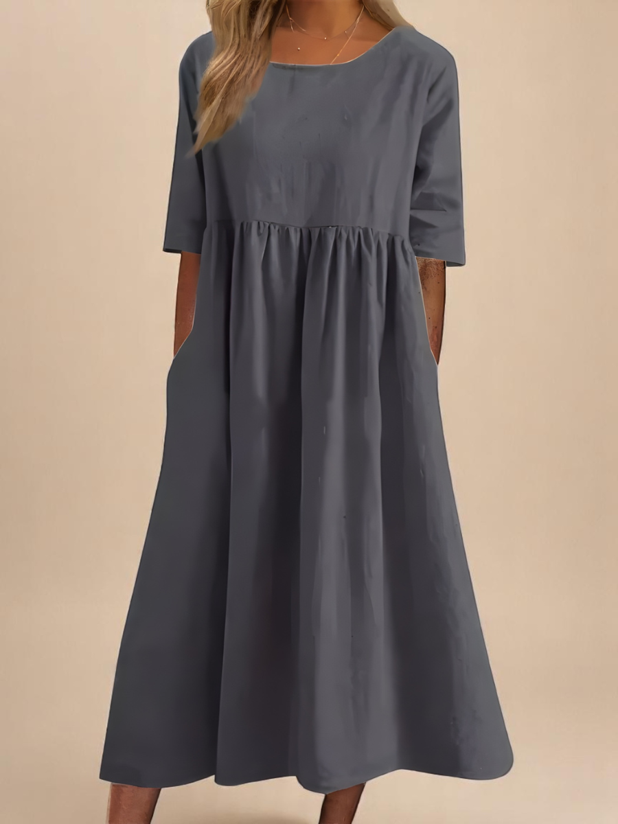 Round Neck Short Sleeve Empire Waist Babydoll Midi Dress