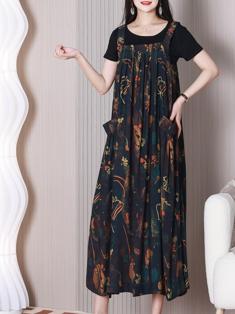 Coffee Wide Strap Floral Print Pocket Loose Pinafore Maxi Dress