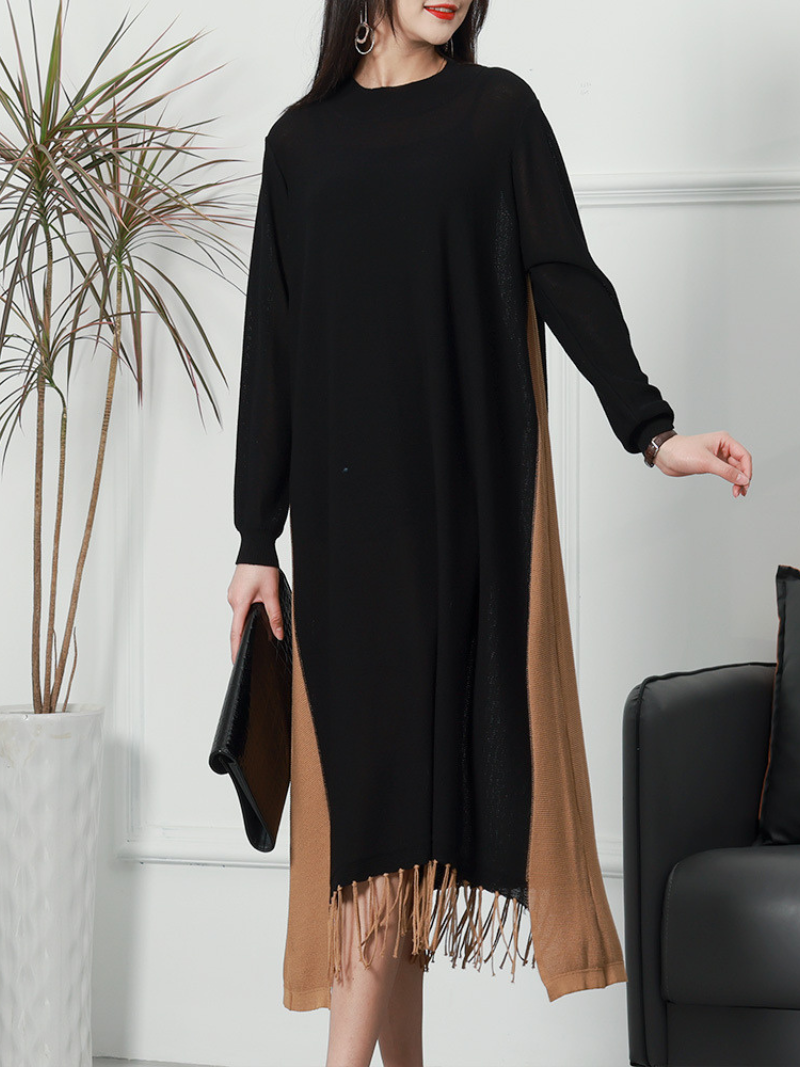 Round Neck Knit Fringe Hem Long Sleeve Loose Sweater Midi Dress 9
