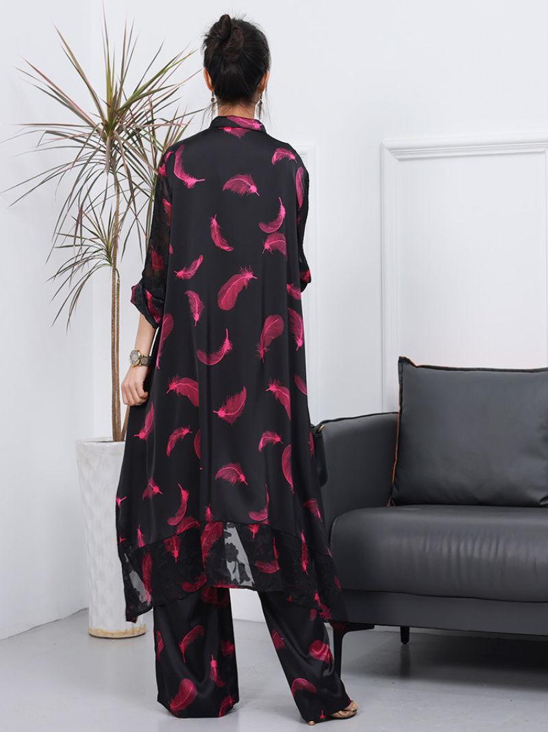 Collared Feather Print Longline Tunic Wide-Leg Pants Set