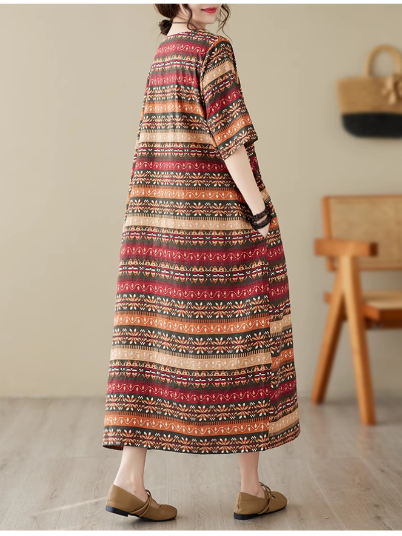 Round Neck Short Sleeve Ethnic Striped Loose A-Line Midi Dress