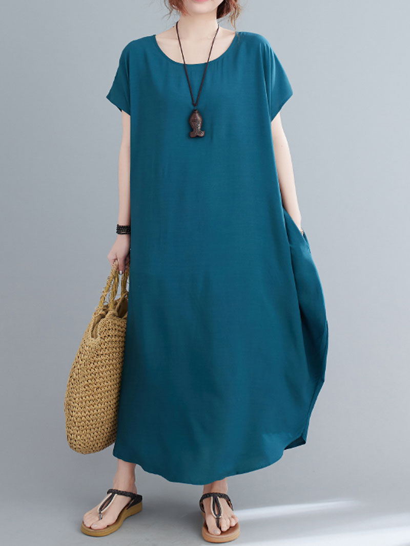 Round Neck Short Sleeve Loose Cocoon Maxi Dress 23