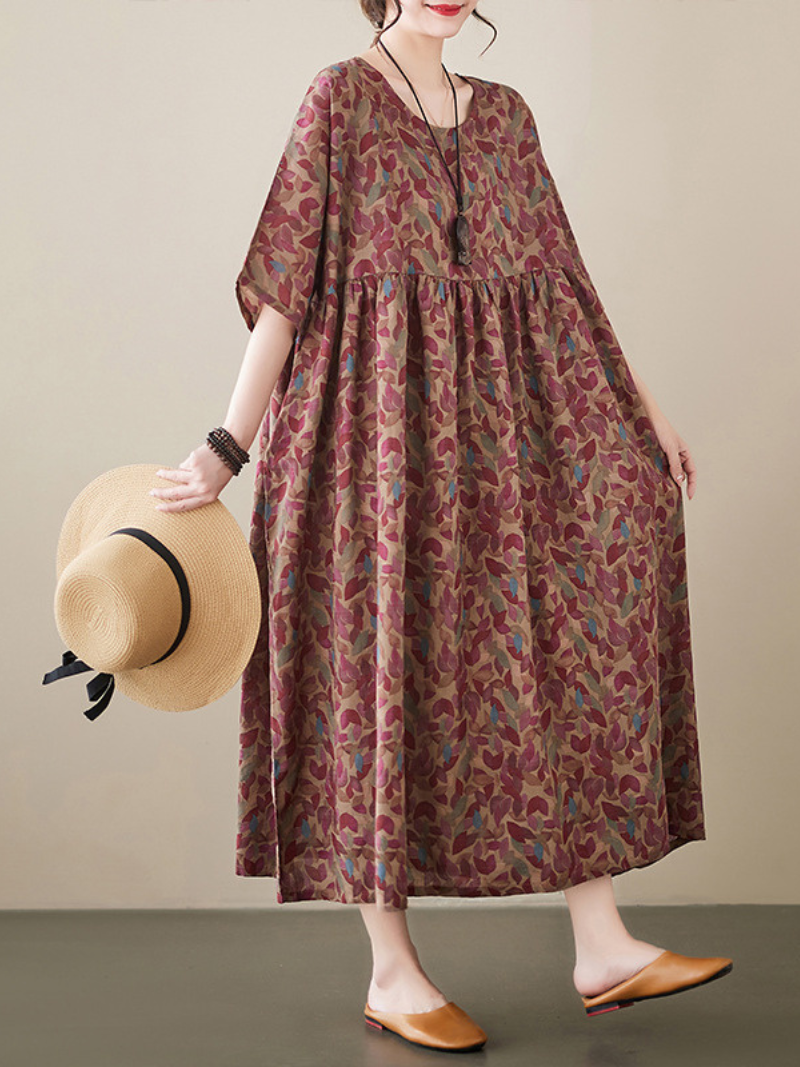 Red Round Neck Short Sleeve Abstract Leaf Print Smock Maxi Dress