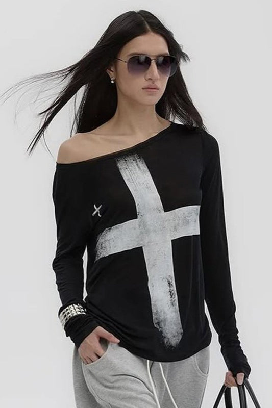 Cross Print Asymmetrical TShirt